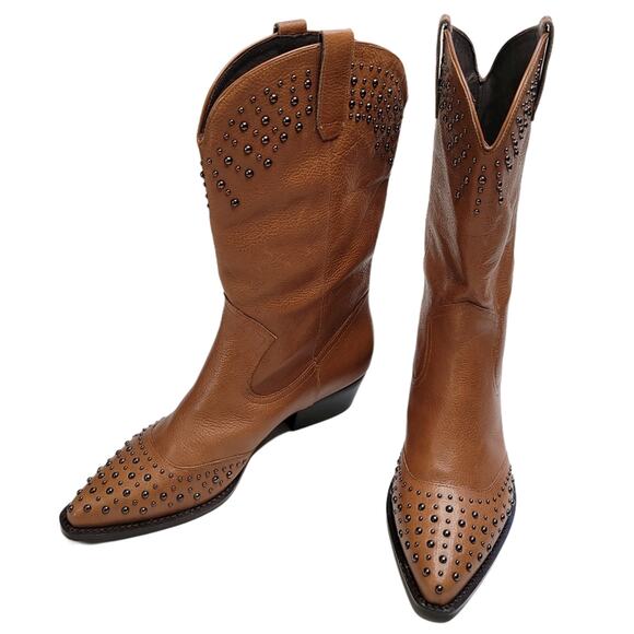 Botkier Tammy Western Cowgirl Glam Studded Leather Boot, Color Nut, Size 9 - Picture 2 of 11